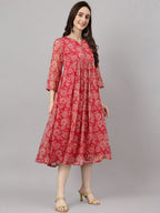 Janasya Dark Pink Chiffon Lurex Floral Printed Flared Kurta - Distacart