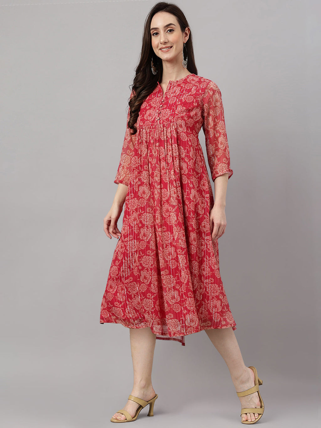 Janasya Dark Pink Chiffon Lurex Floral Printed Flared Kurta - Distacart