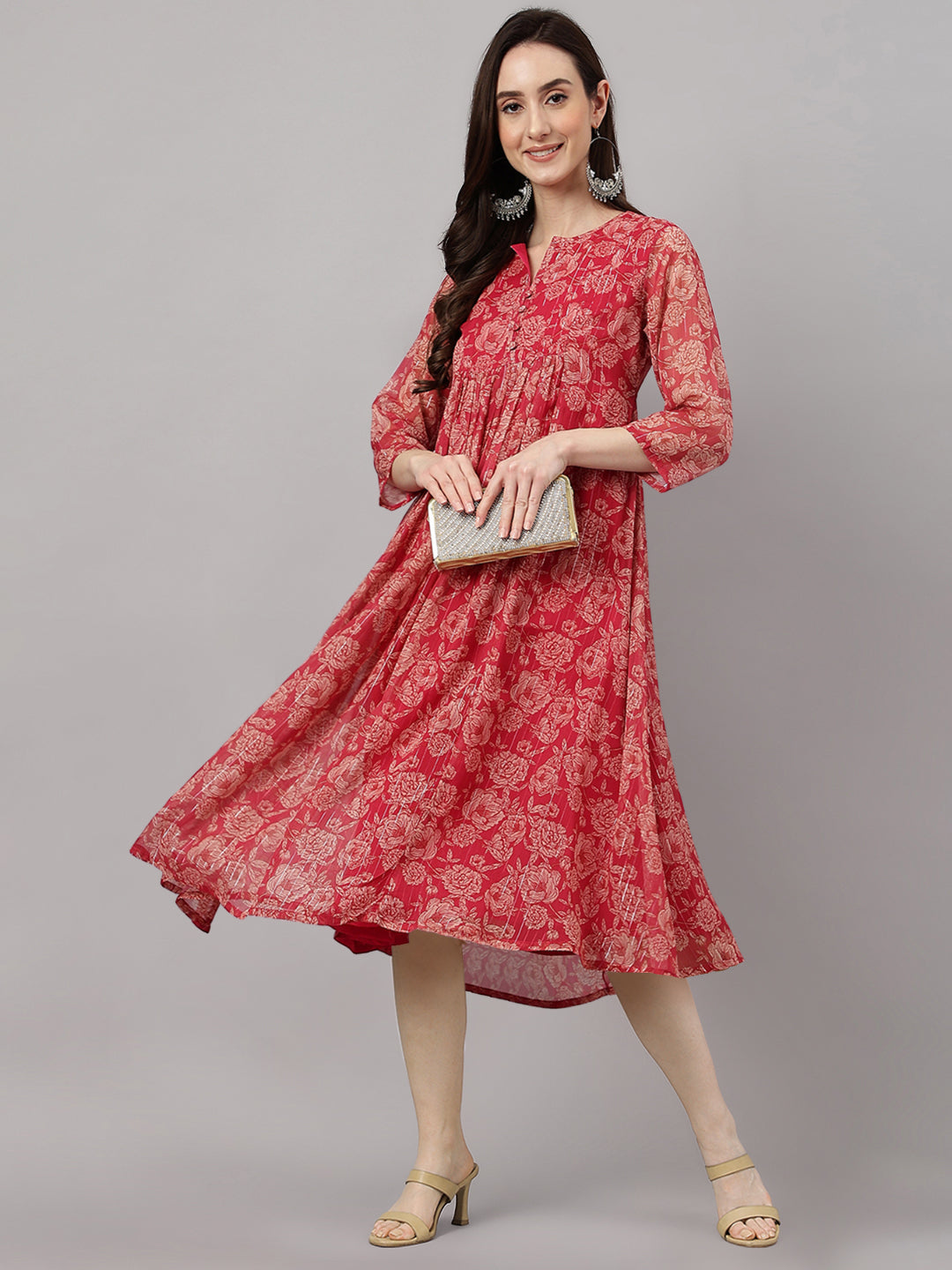 Janasya Dark Pink Chiffon Lurex Floral Printed Flared Kurta - Distacart