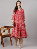 Indian Clothing Janasya Women's Dark Pink Chiffon Lurex Floral Printed Casual flared Kurta