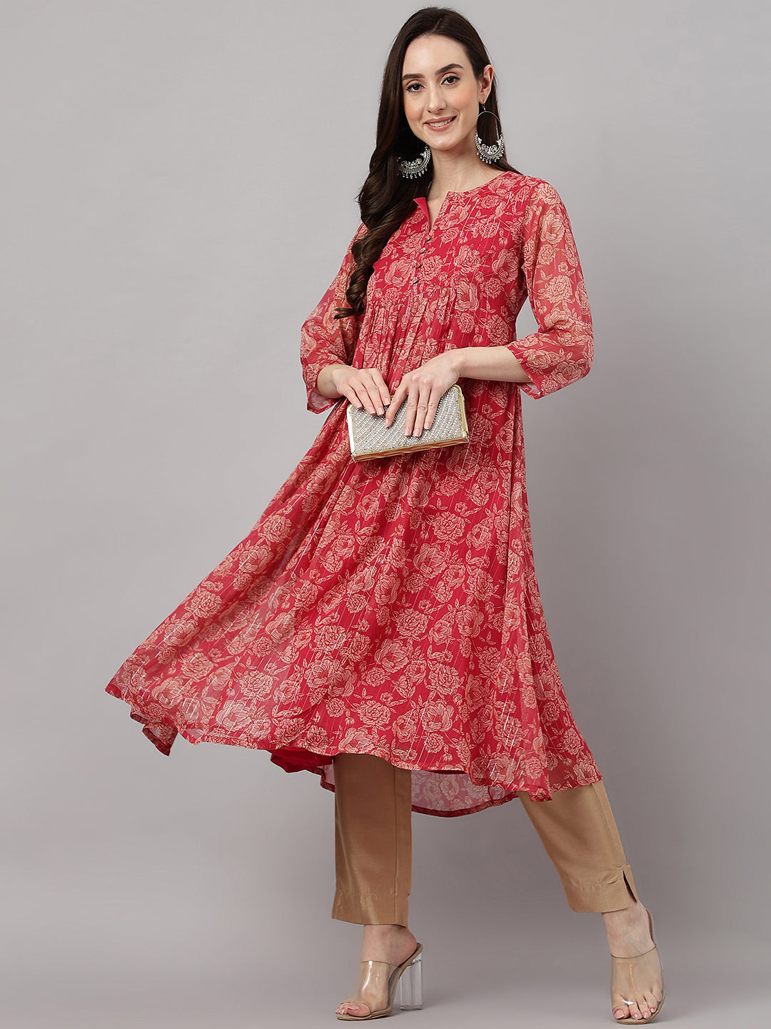 Indian Clothing Janasya Women's Dark Pink Chiffon Lurex Floral Printed Casual flared Kurta