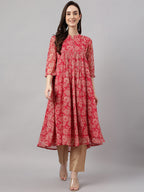 Indian Clothing Janasya Women's Dark Pink Chiffon Lurex Floral Printed Casual flared Kurta