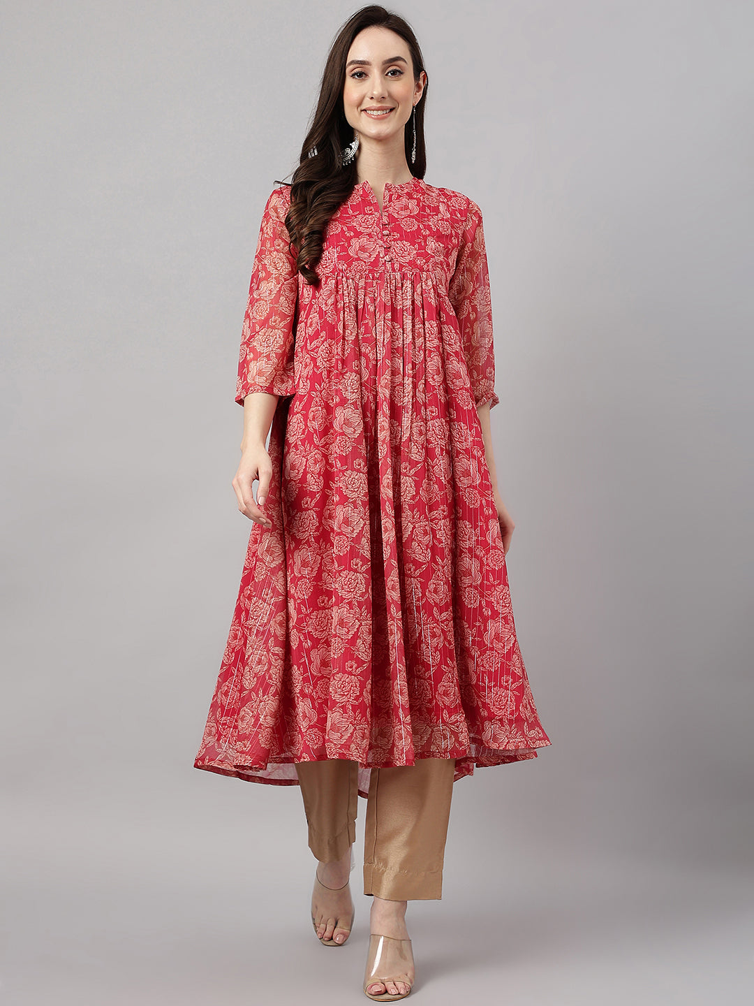 Indian Clothing Janasya Women's Dark Pink Chiffon Lurex Floral Printed Casual flared Kurta
