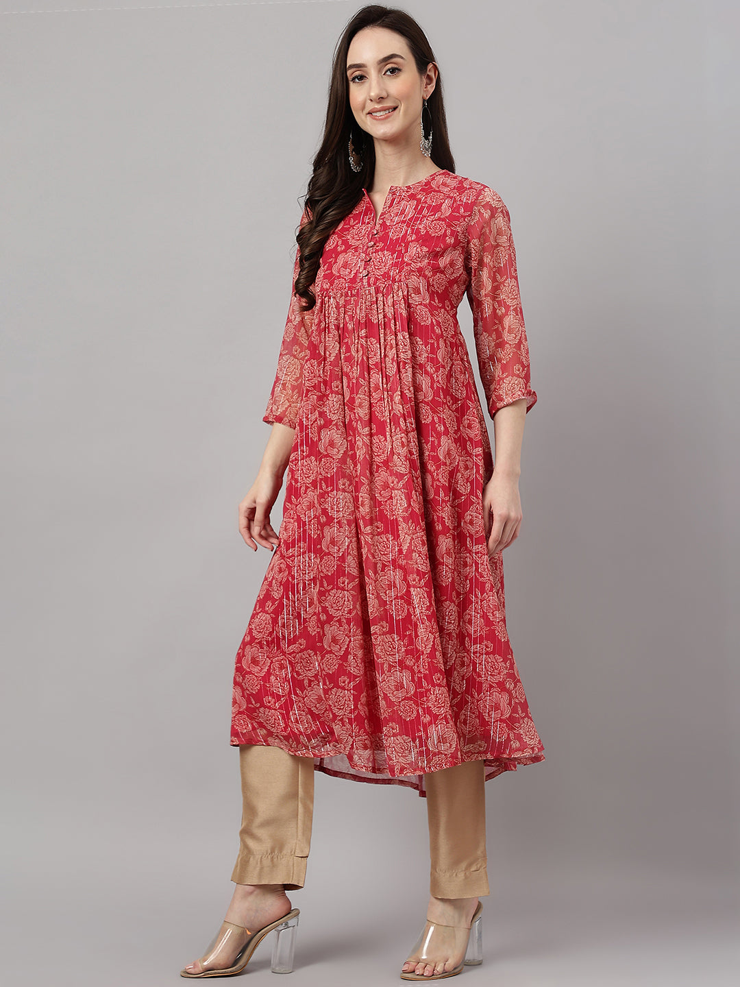 Indian Clothing Janasya Women's Dark Pink Chiffon Lurex Floral Printed Casual flared Kurta