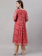 Indian Clothing Janasya Women's Dark Pink Chiffon Lurex Floral Printed Casual flared Kurta