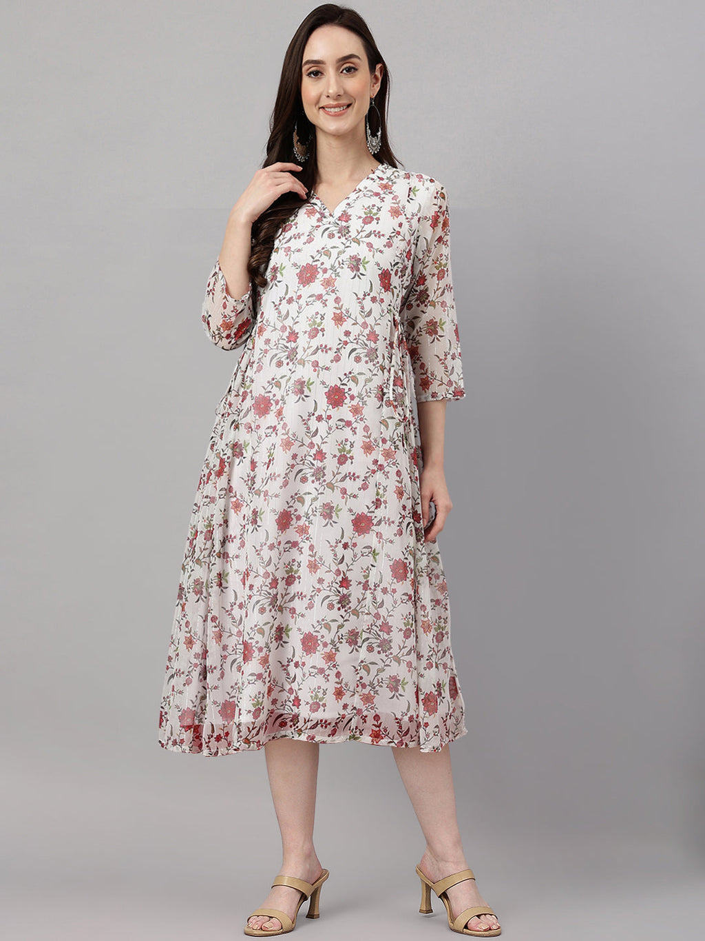 Janasya Women's White Chiffon Lurex Floral Printed Flared Casual Dress - Distacart