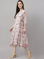 Janasya Women's White Chiffon Lurex Floral Printed Flared Casual Dress - Distacart