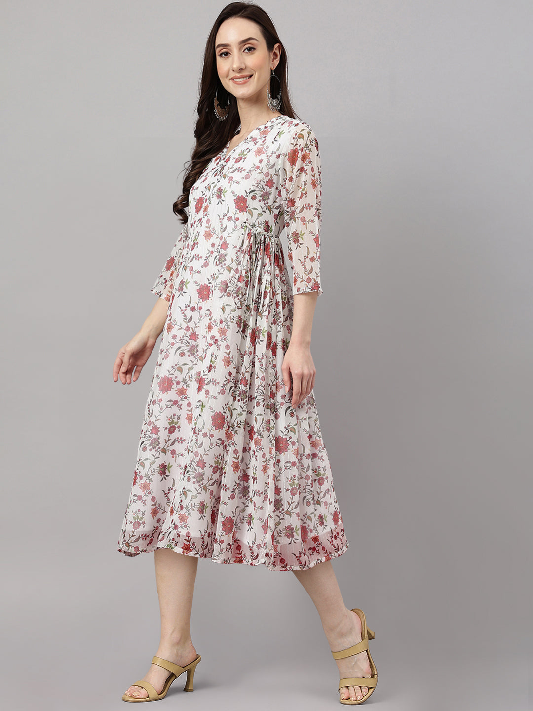 Janasya Women's White Chiffon Lurex Floral Printed Flared Casual Dress - Distacart