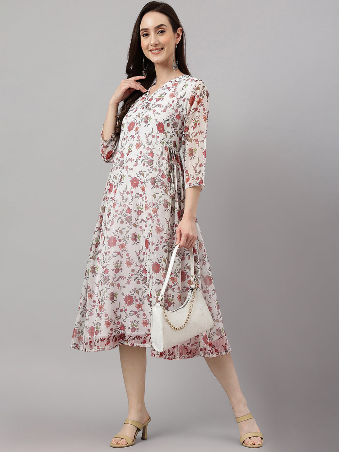Janasya Women's Orange Chiffon Lurex Floral Printed Kaftan Casual Dress - Distacart