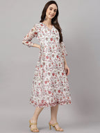 Janasya Women's White Chiffon Lurex Floral Printed Flared Casual Dress - Distacart