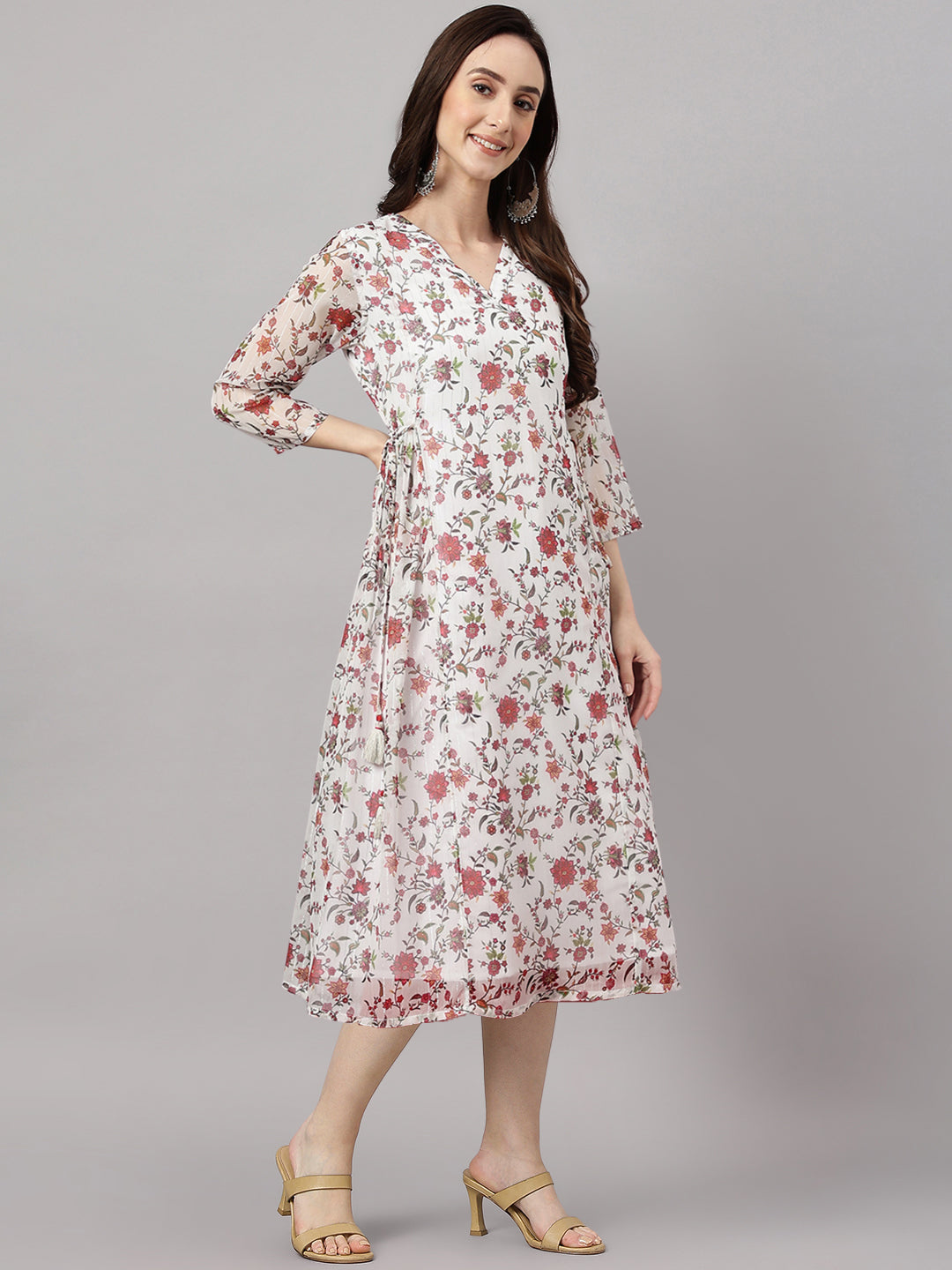 Janasya Women's Orange Chiffon Lurex Floral Printed Kaftan Casual Dress - Distacart