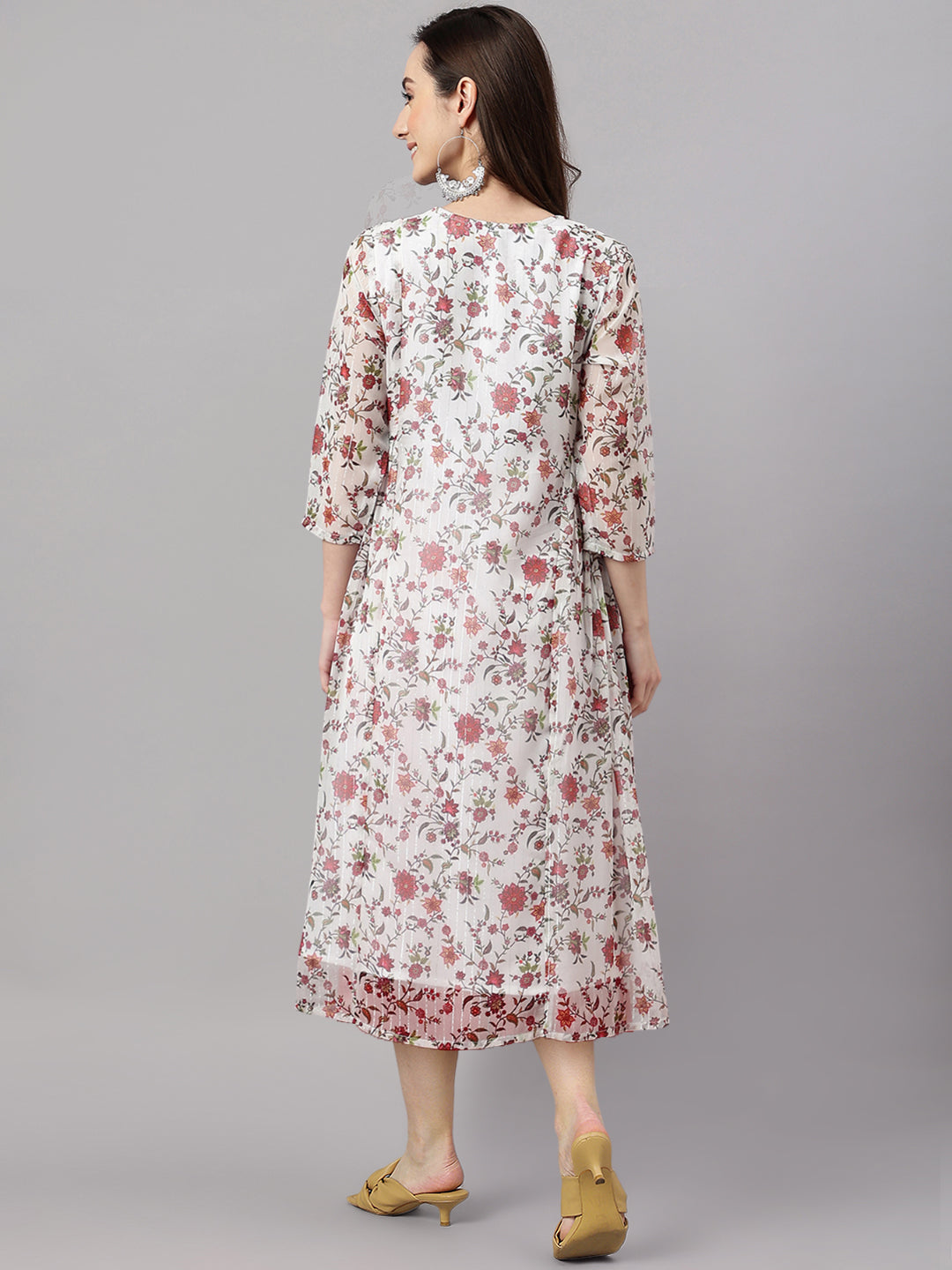 Janasya Women's White Chiffon Lurex Floral Printed Flared Casual Dress - Distacart