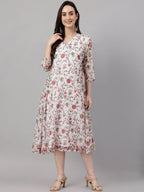 Janasya Women's Orange Chiffon Lurex Floral Printed Kaftan Casual Dress - Distacart