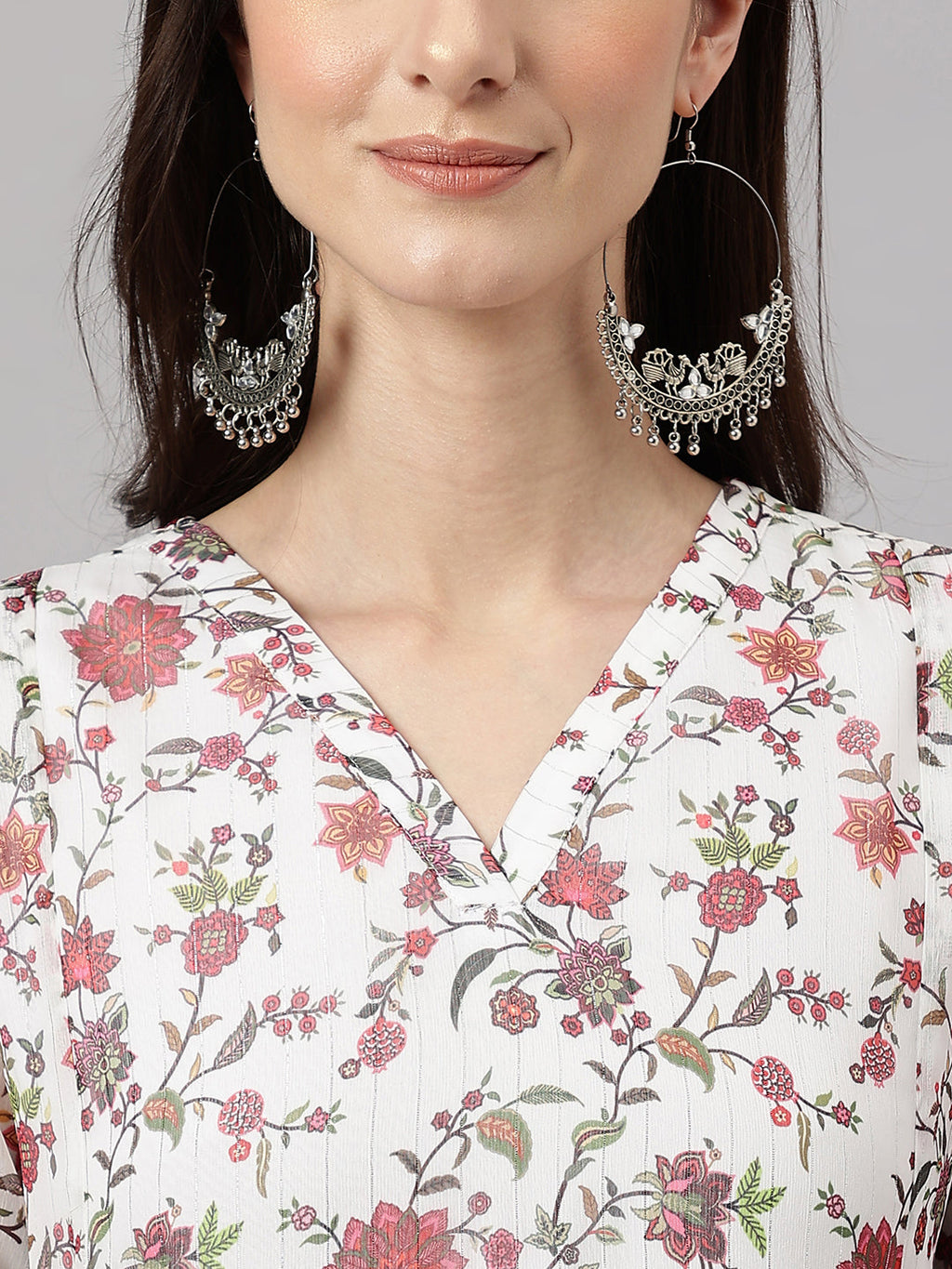 Janasya Women's White Chiffon Lurex Floral Printed Flared Casual Dress - Distacart