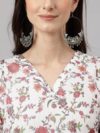 Janasya Women's White Chiffon Lurex Floral Printed Flared Casual Dress - Distacart