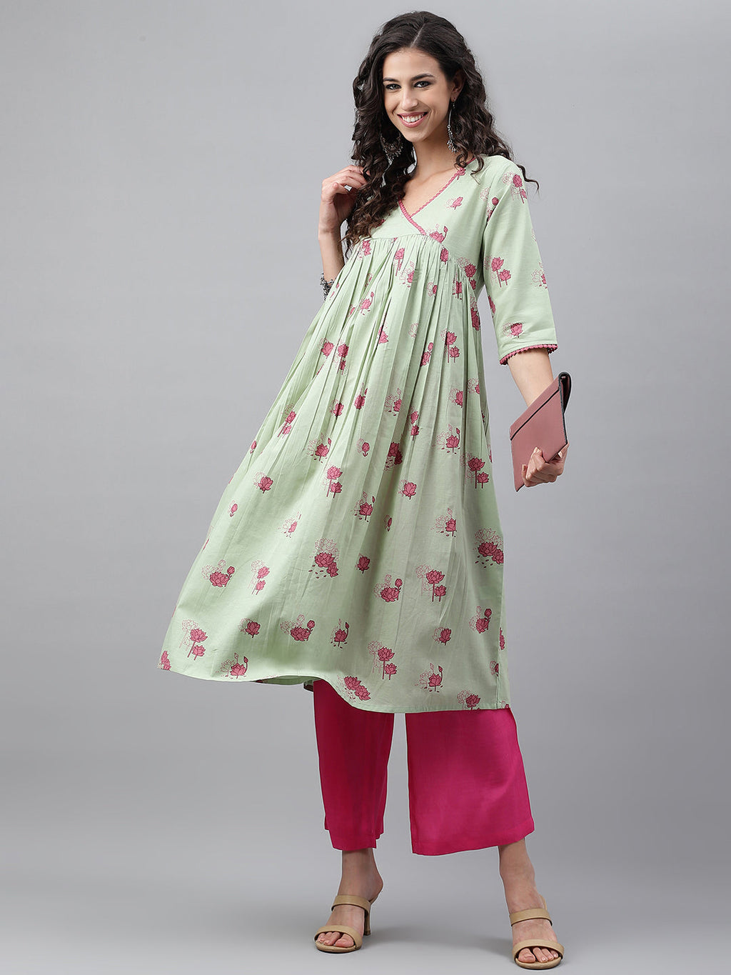 Janasya Women's Light Green Cotton Floral Printed Casual Flared Kurta