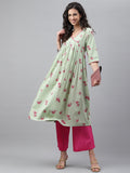 Janasya Women's Light Green Cotton Floral Printed Casual Flared Kurta