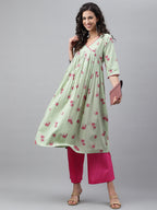Janasya Women's Light Green Cotton Floral Printed Casual Flared Kurta