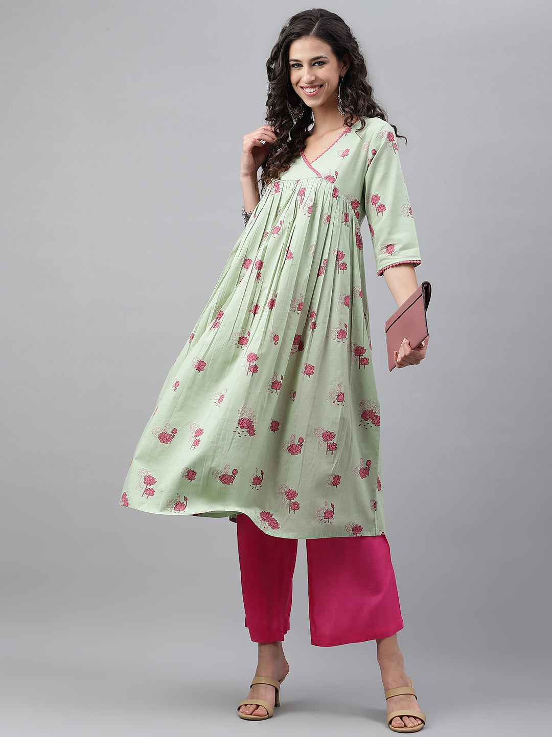 Janasya Women's Light Green Cotton Floral Printed Casual Flared Kurta