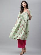Janasya Women's Light Green Cotton Floral Printed Casual Flared Kurta