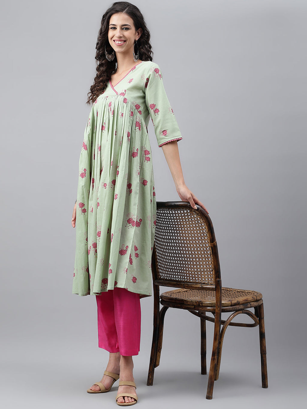 Janasya Women's Light Green Cotton Floral Printed Casual Flared Kurta
