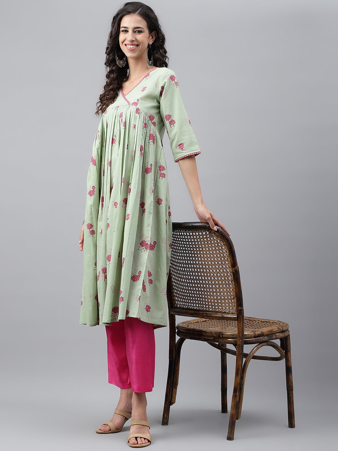 Janasya Women's Light Green Cotton Floral Printed Casual Flared Kurta