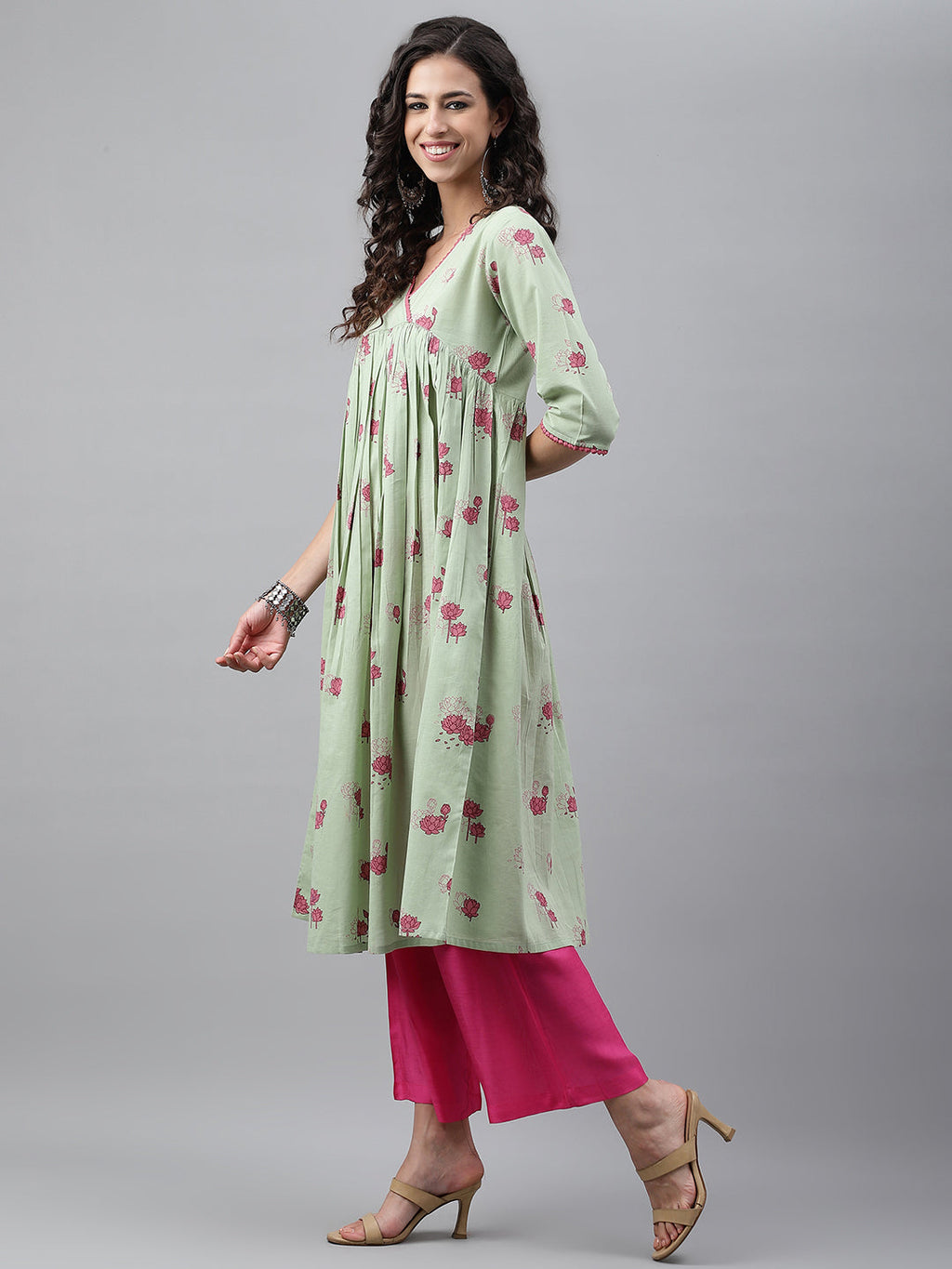 Janasya Women's Light Green Cotton Floral Printed Casual Flared Kurta