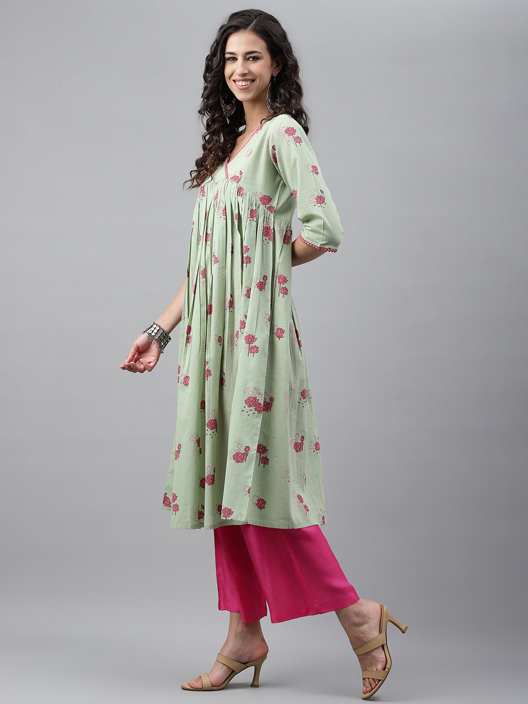 Janasya Women's Light Green Cotton Floral Printed Casual Flared Kurta