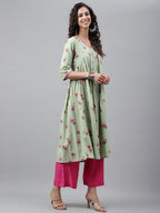 Janasya Women's Light Green Cotton Floral Printed Casual Flared Kurta
