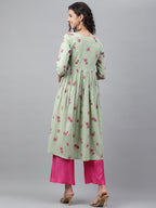 Janasya Women's Light Green Cotton Floral Printed Casual Flared Kurta