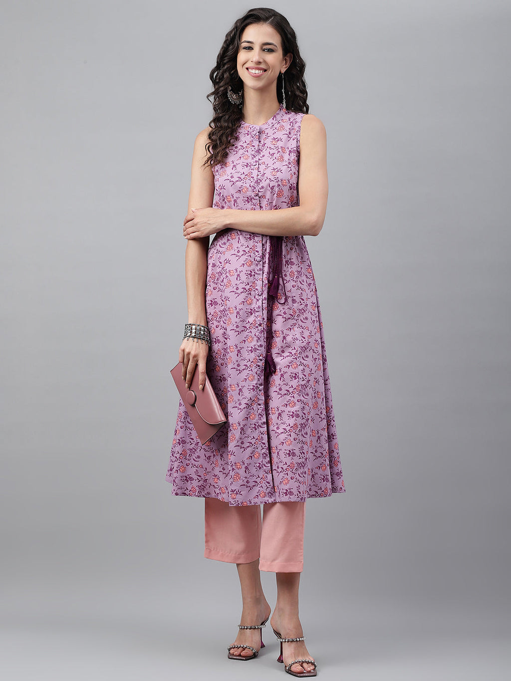 Janasya Women's Lavender Cotton Floral Printed Casual A-Line Kurta