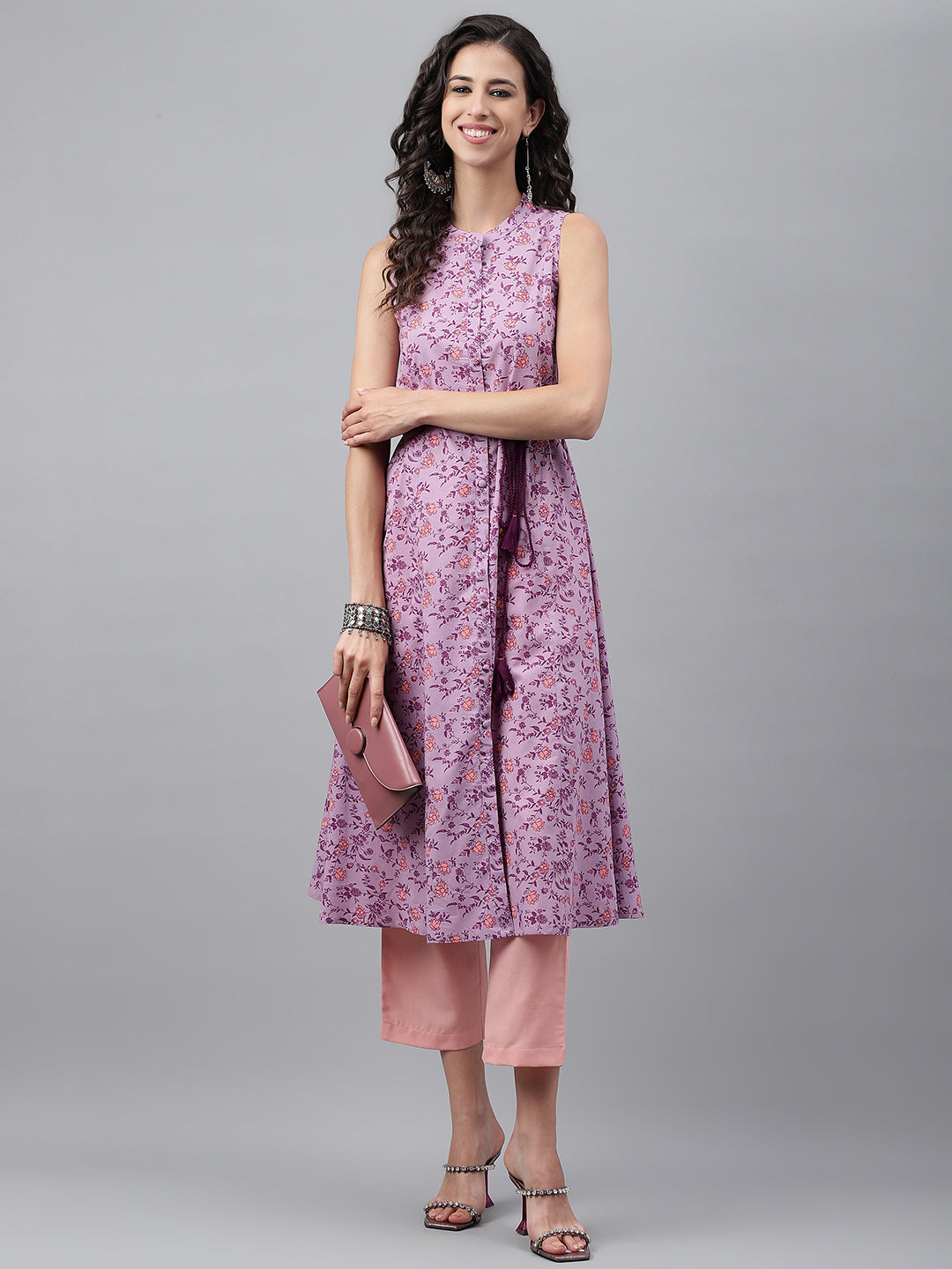 Janasya Women's Lavender Cotton Floral Printed Casual A-Line Kurta
