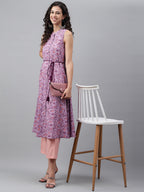 Janasya Women's Lavender Cotton Floral Printed Casual A-Line Kurta