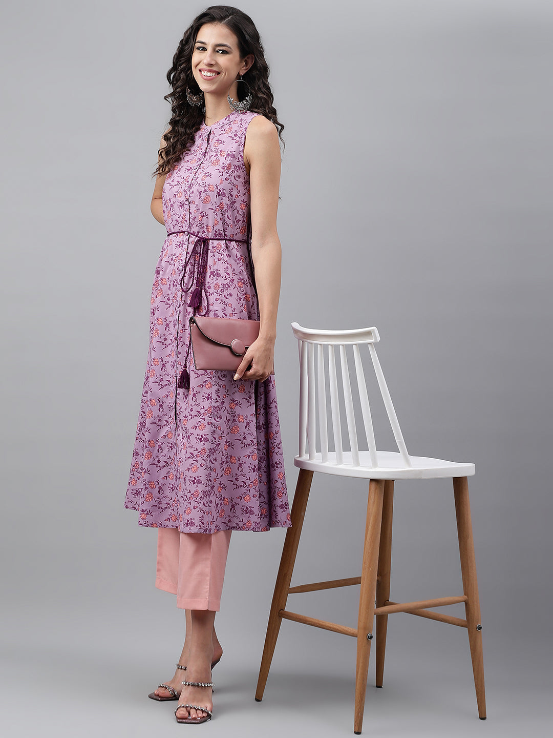 Janasya Women's Lavender Cotton Floral Printed Casual A-Line Kurta