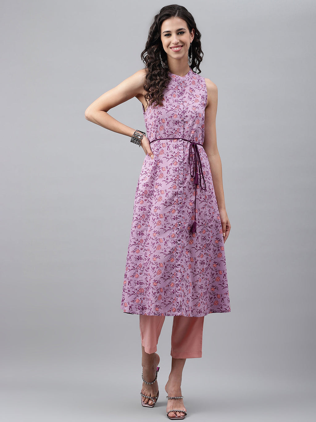 Janasya Women's Lavender Cotton Floral Printed Casual A-Line Kurta