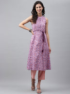 Janasya Women's Lavender Cotton Floral Printed Casual A-Line Kurta