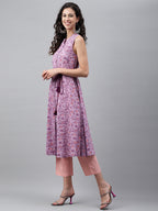 Janasya Women's Lavender Cotton Floral Printed Casual A-Line Kurta