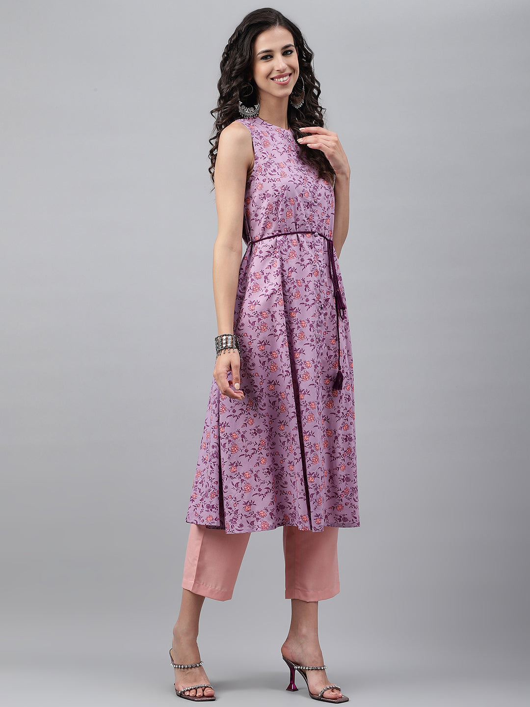 Janasya Women's Lavender Cotton Floral Printed Casual A-Line Kurta