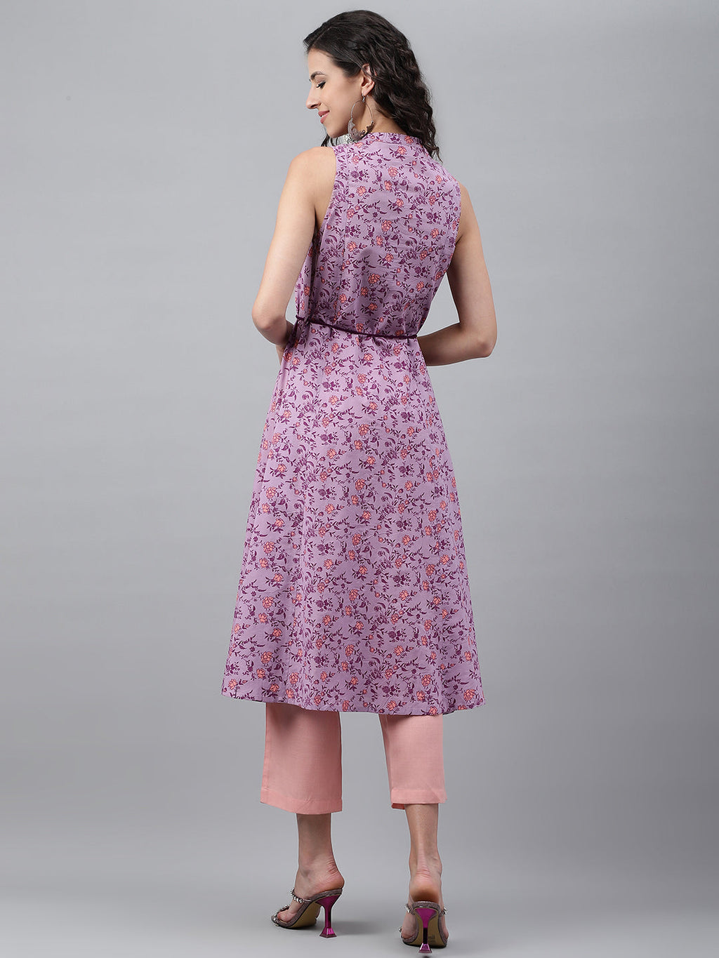 Janasya Women's Lavender Cotton Floral Printed Casual A-Line Kurta