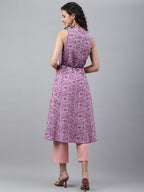 Janasya Women's Lavender Cotton Floral Printed Casual A-Line Kurta