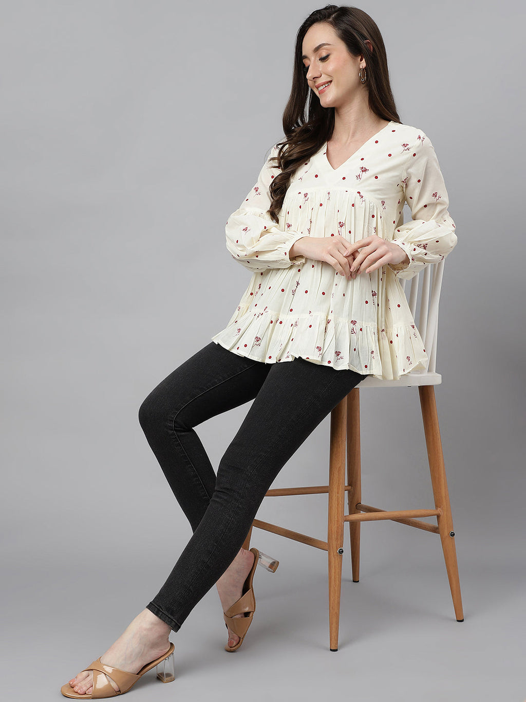 Janasya Women's Off White Cambric Cotton Floral Print Gathered Top - Distacart