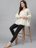 Janasya Women's Off White Cambric Cotton Floral Print Gathered Top - Distacart