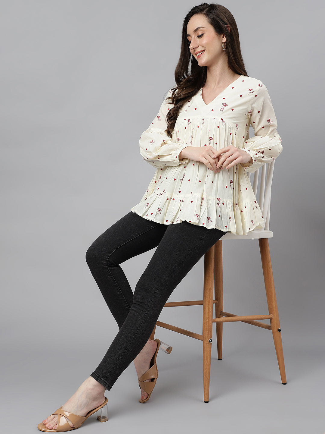 Janasya Women's Off White Cambric Cotton Floral Print Gathered Top - Distacart