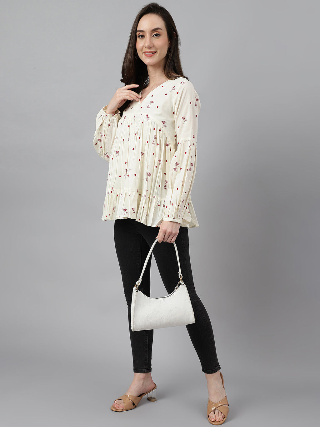 Janasya Women's Off White Cambric Cotton Floral Print Gathered Top - Distacart