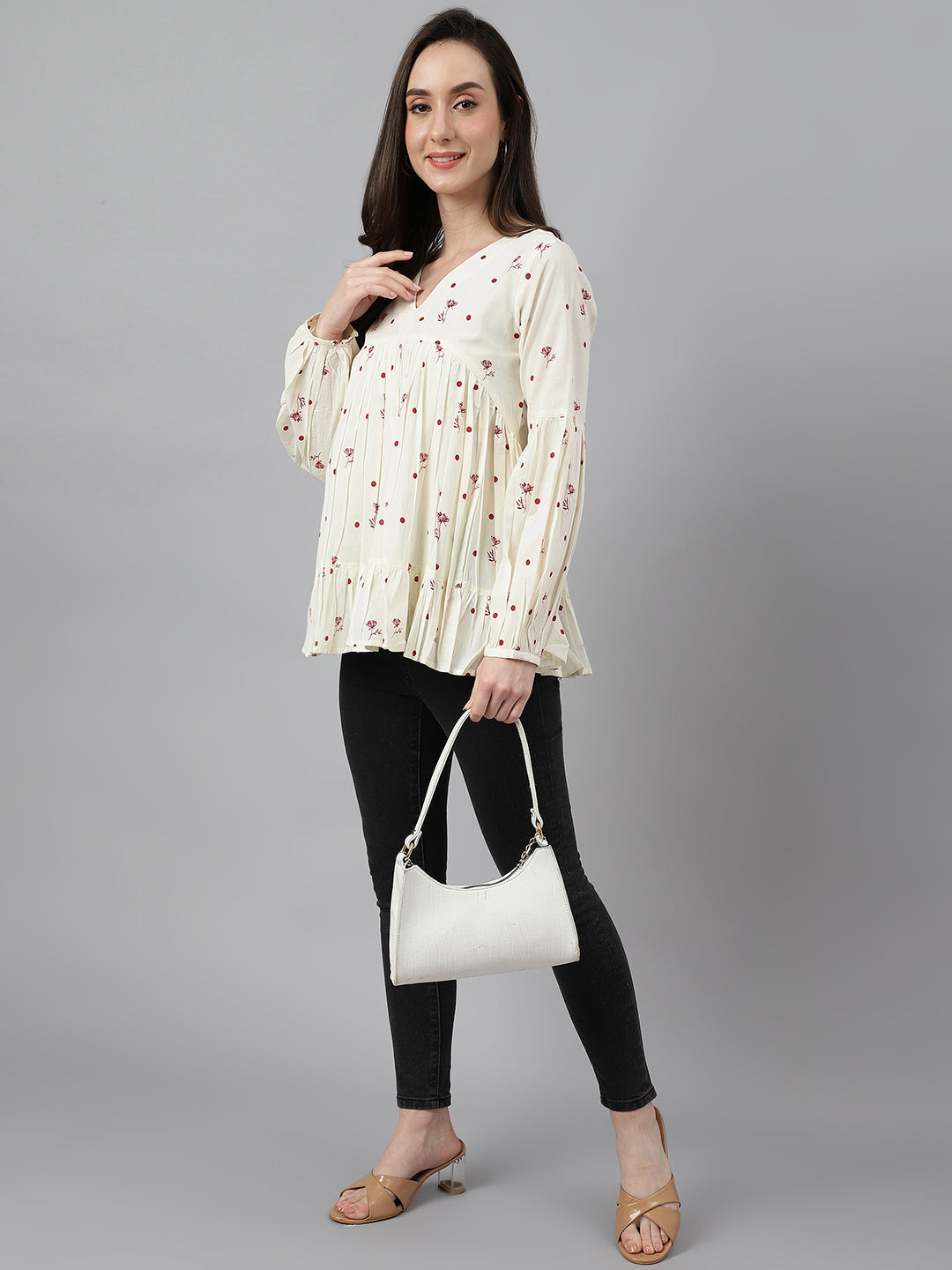 Janasya Women's Off White Cambric Cotton Floral Print Gathered Top - Distacart