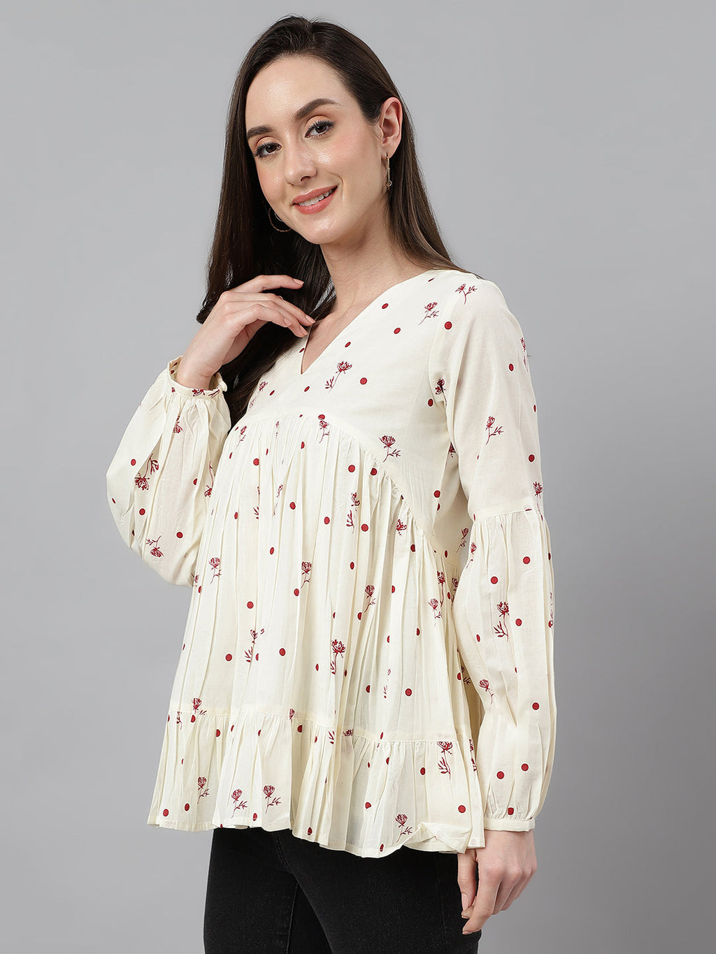 Janasya Women's Off White Cambric Cotton Floral Print Gathered Top - Distacart