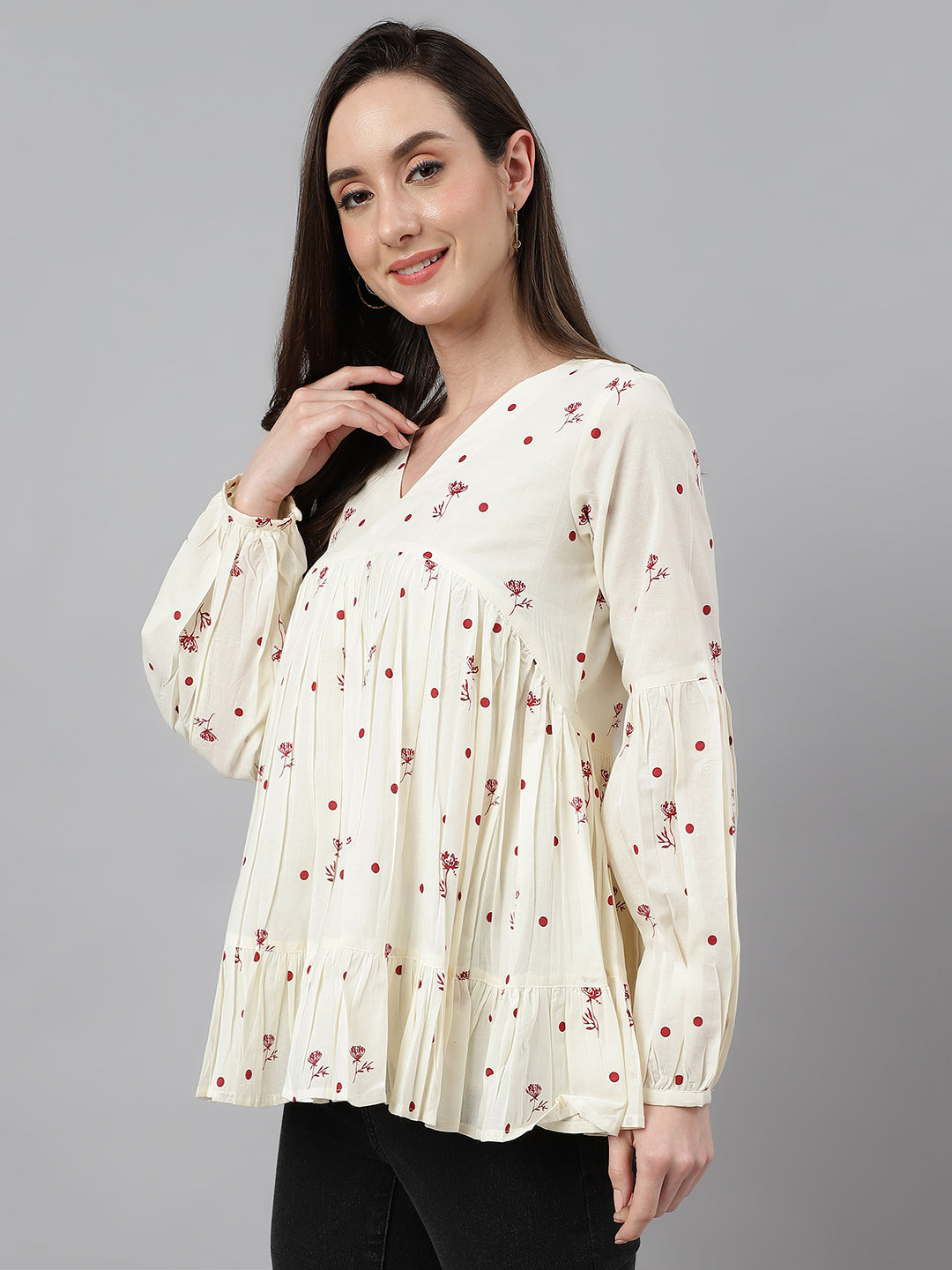 Janasya Women's Off White Cambric Cotton Floral Print Gathered Top - Distacart