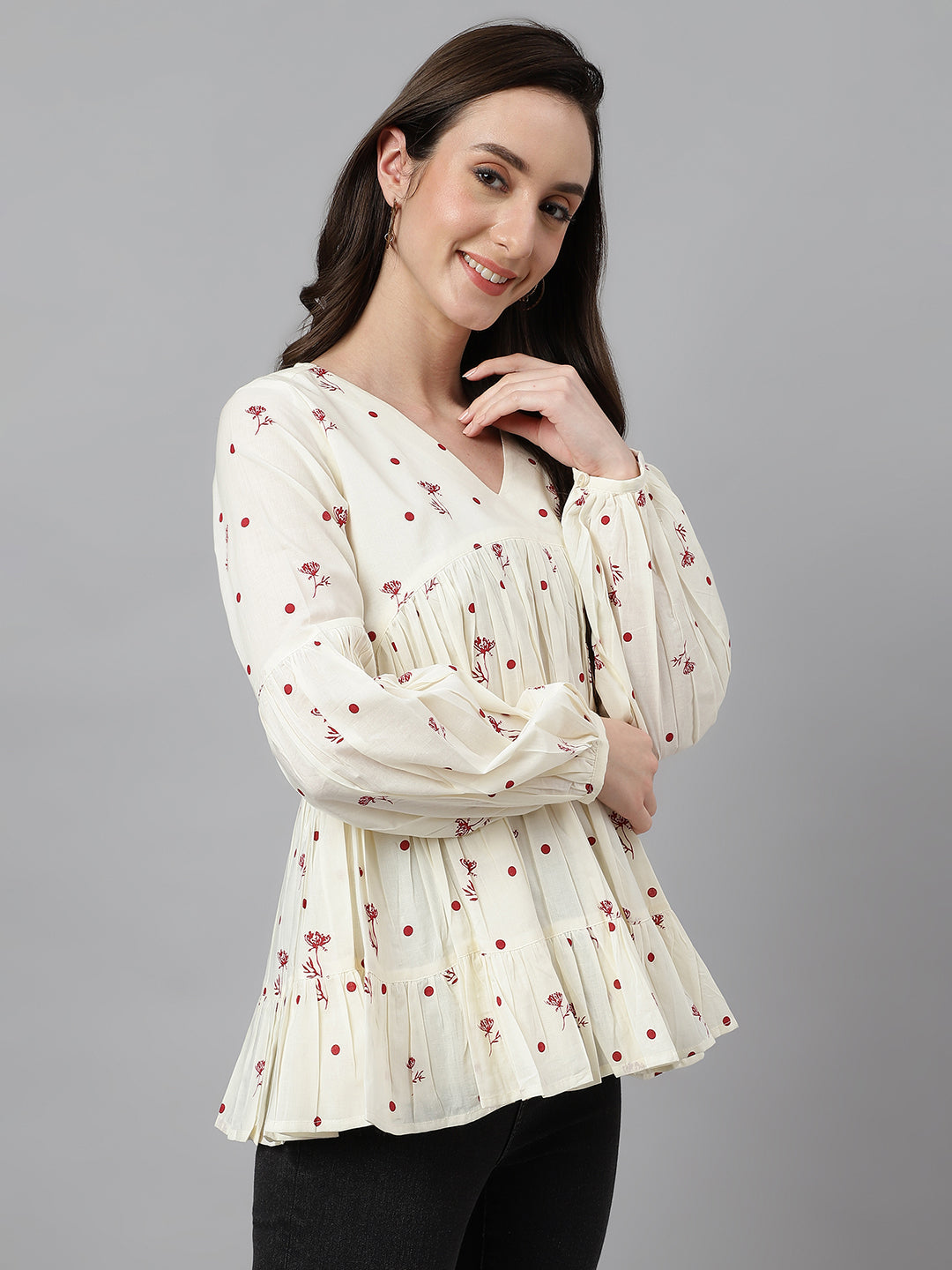 Janasya Women's Off White Cambric Cotton Floral Print Gathered Top - Distacart