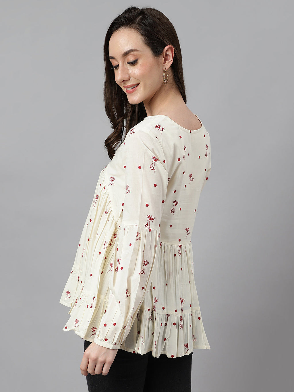 Janasya Women's Off White Cambric Cotton Floral Print Gathered Top - Distacart