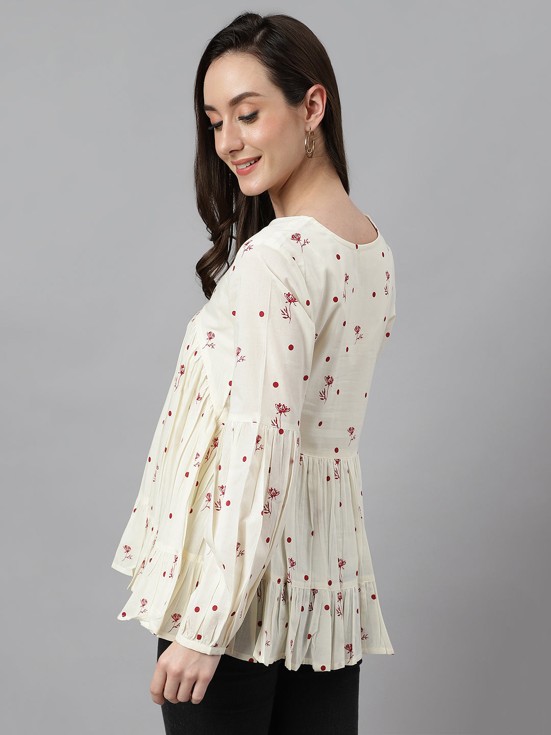 Janasya Women's Off White Cambric Cotton Floral Print Gathered Top - Distacart